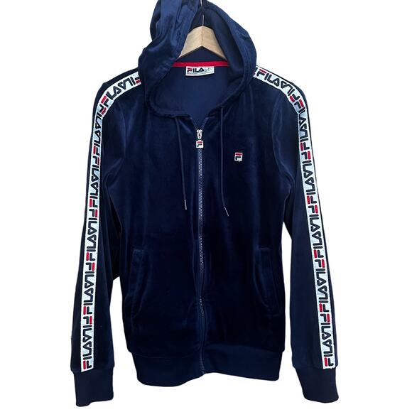 UNISEX Retro FILA Velour Track Men SZ S TOP CONDITION Hooded Navy Maureen Jacket - Picture 1 of 16